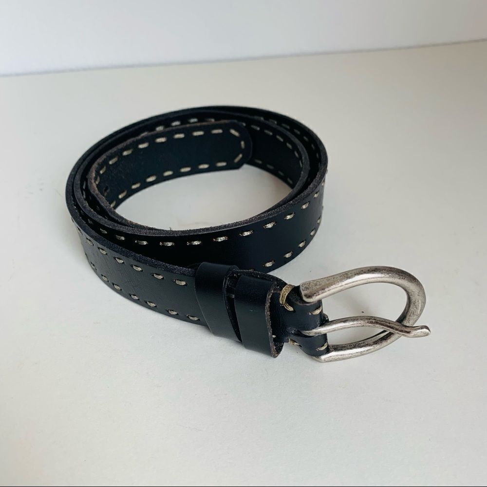 ‎Black Leather Stitched Belt